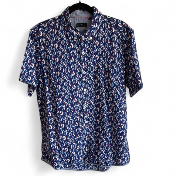 7 Diamonds Blue Red White Pattern Cotton Short Sleeve Button Down Shirt Large - Picture 1 of 6
